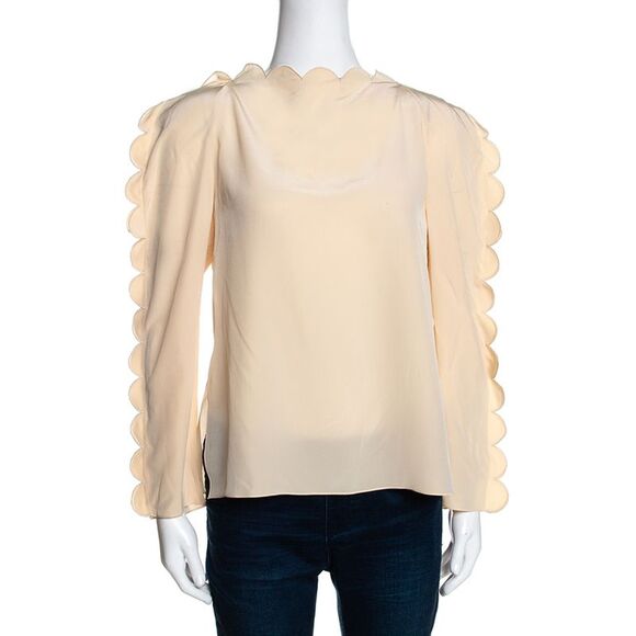 Fendi Cream Silk Scalloped Long Sleeve Blouse S